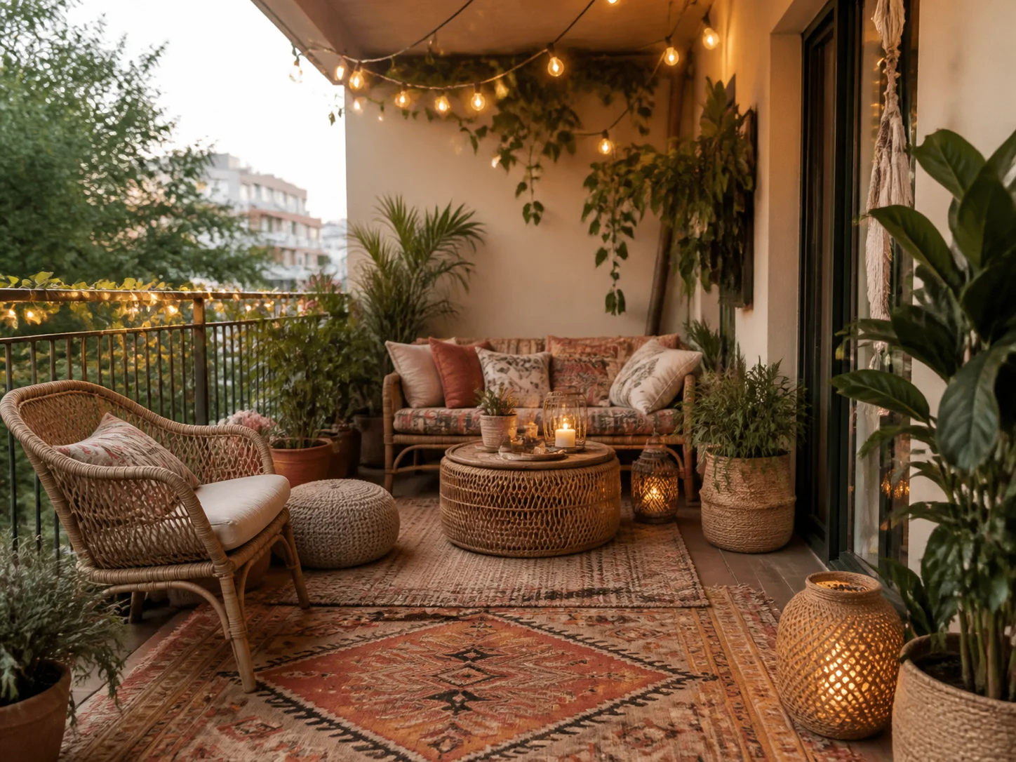Boho style balcony with layered rugs and rattan seating