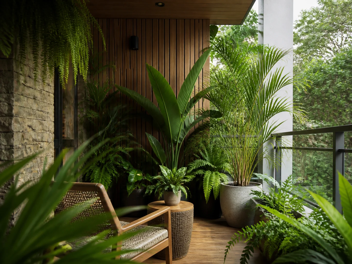 Tropical balcony garden with lush potted plants