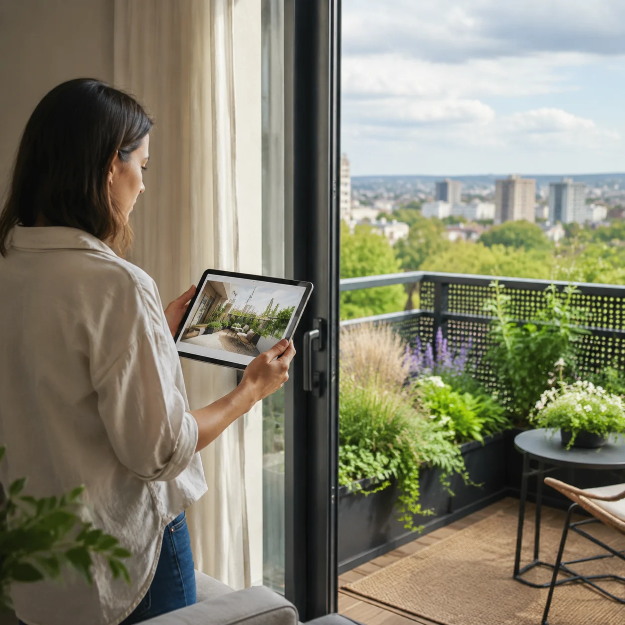 Proprietario di appartamento che guarda il design di un balcone su un tablet