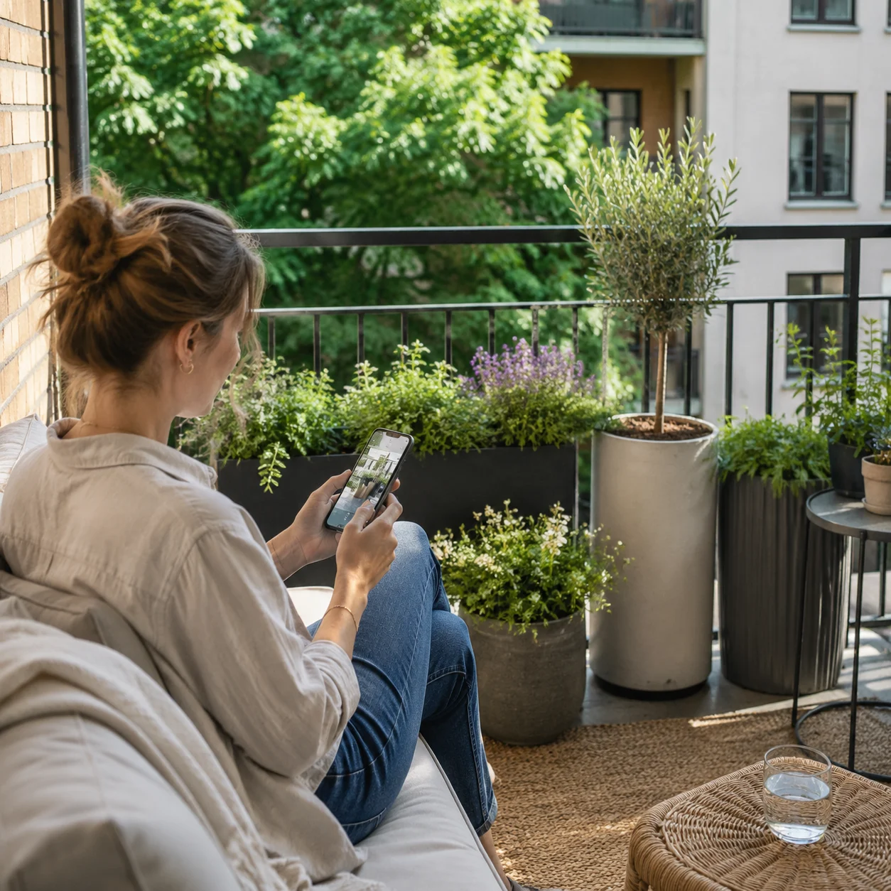 Affittuario che pianifica un restyling del balcone rimovibile su uno smartphone