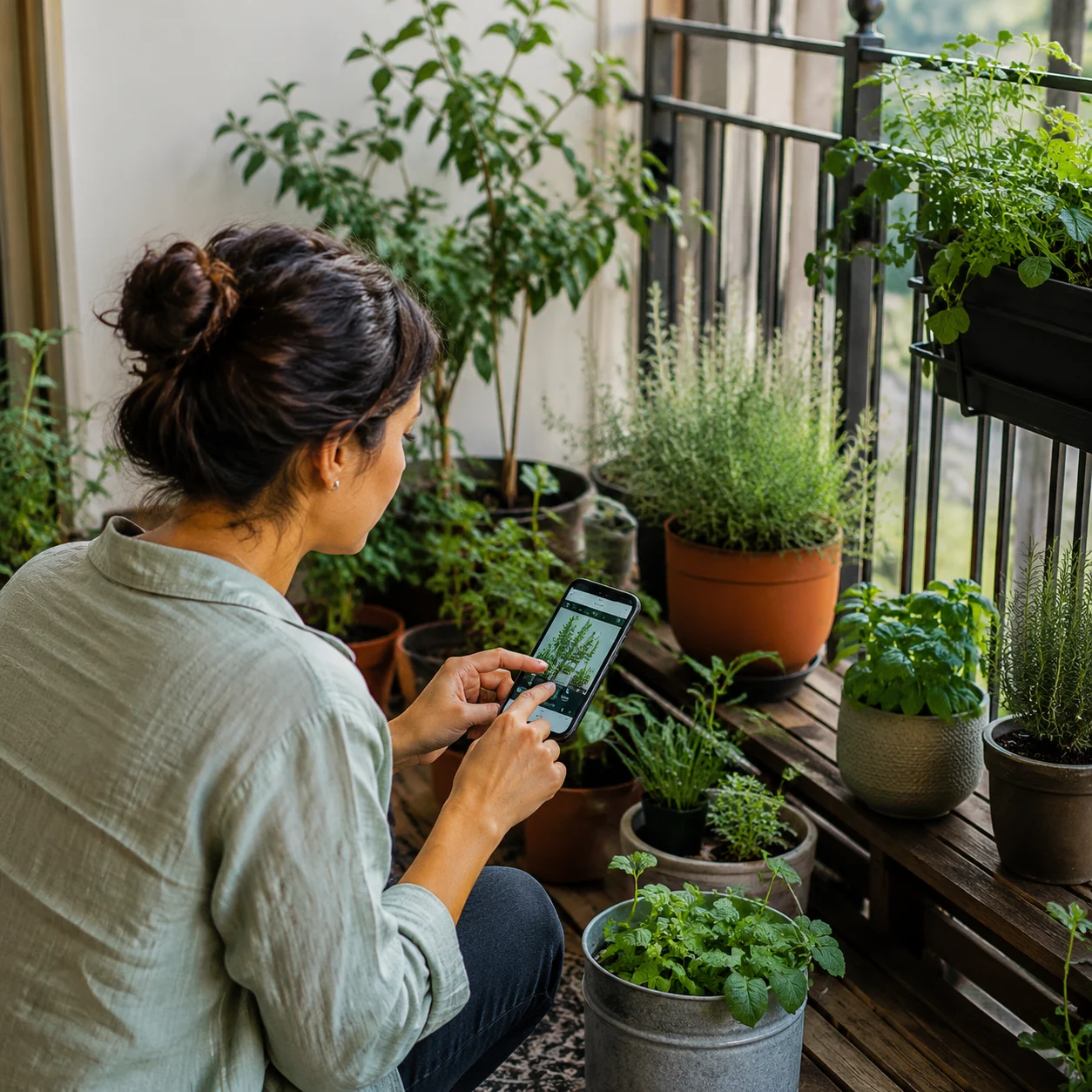 Amante delle piante che organizza il layout di un giardino sul balcone