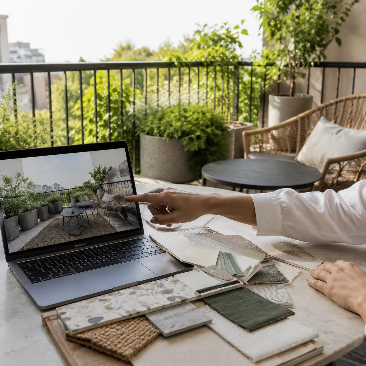 Stylist che presenta un concept di design per balcone su un laptop