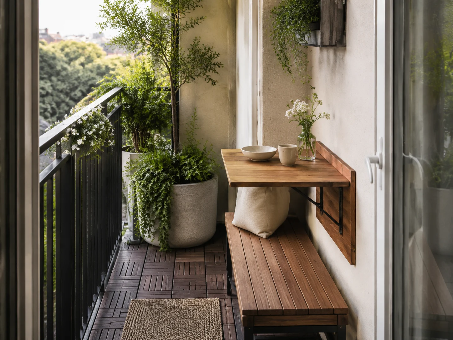 Design di un piccolo balcone che inserisce sedute e fioriere in uno spazio ristretto