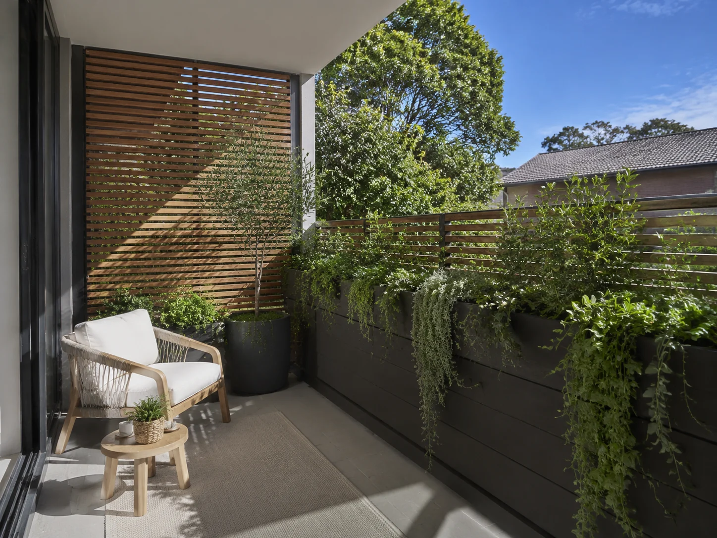 Balcone con schermo per la privacy e fioriere da ringhiera per il verde