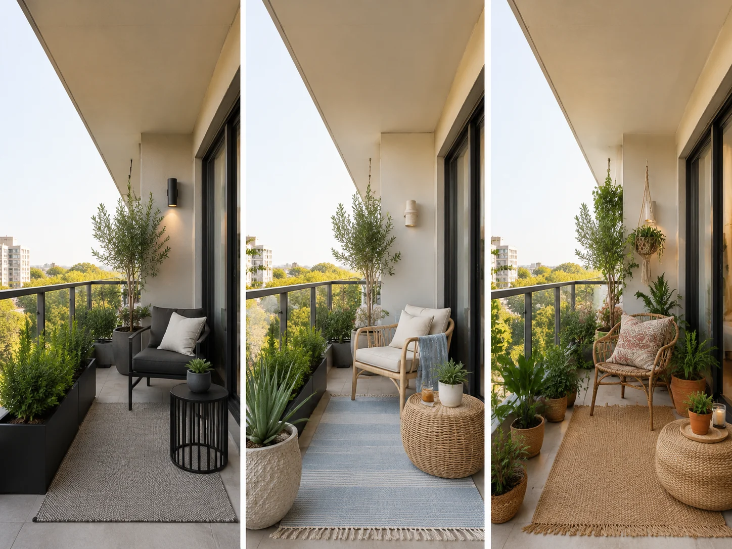 Stesso balcone mostrato negli stili di design moderno, costiero e boho
