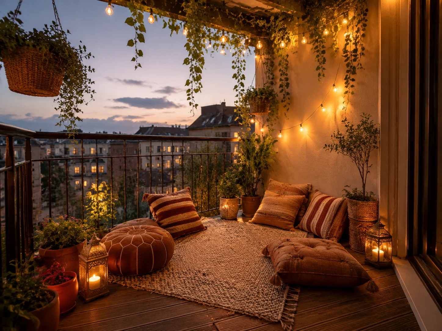 Design di balcone boho accogliente con cuscini da terra, piante pensili e luci