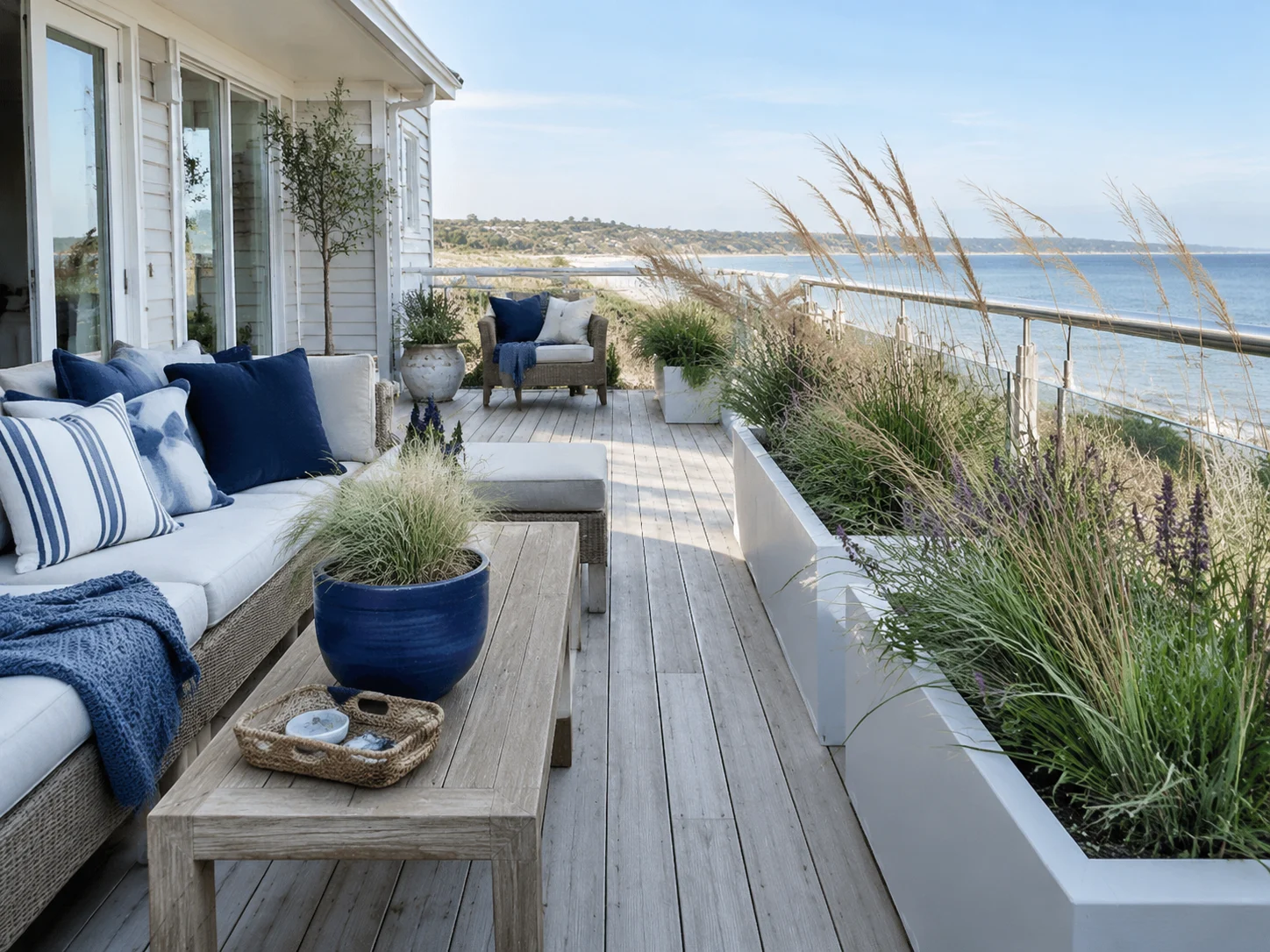 Design di un balcone costiero con legno chiaro e tessuti bianchi e blu