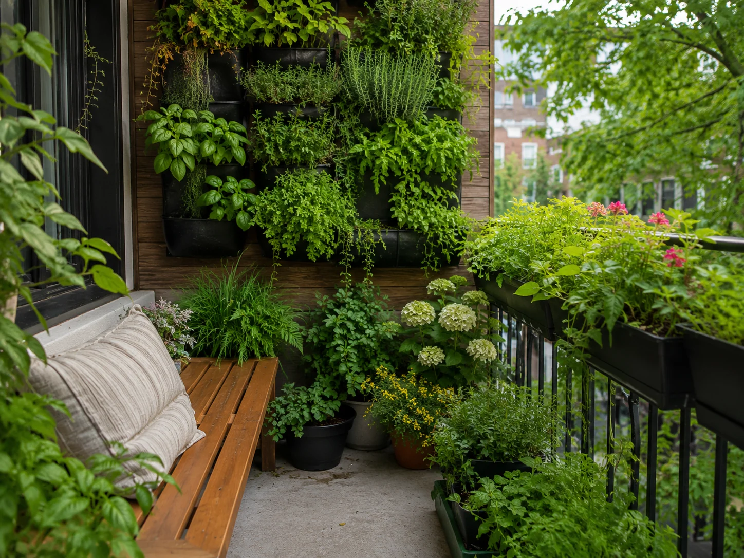 Giardino sul balcone con fioriere da ringhiera e parete verticale per erbe aromatiche