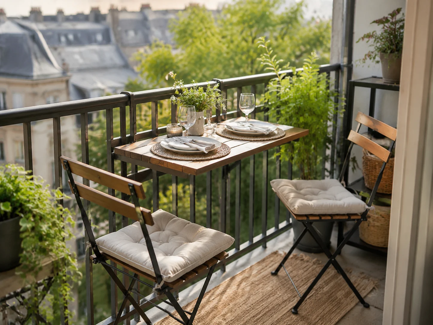 Piccolo balcone con zona pranzo, tavolo a ribalta da ringhiera e sedie pieghevoli