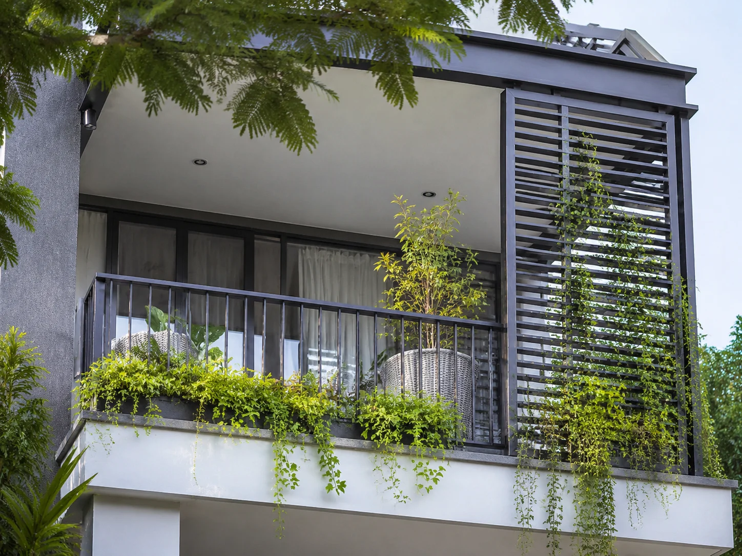 Balcone moderno in stile veranda con schermo per la privacy e piante ricadenti