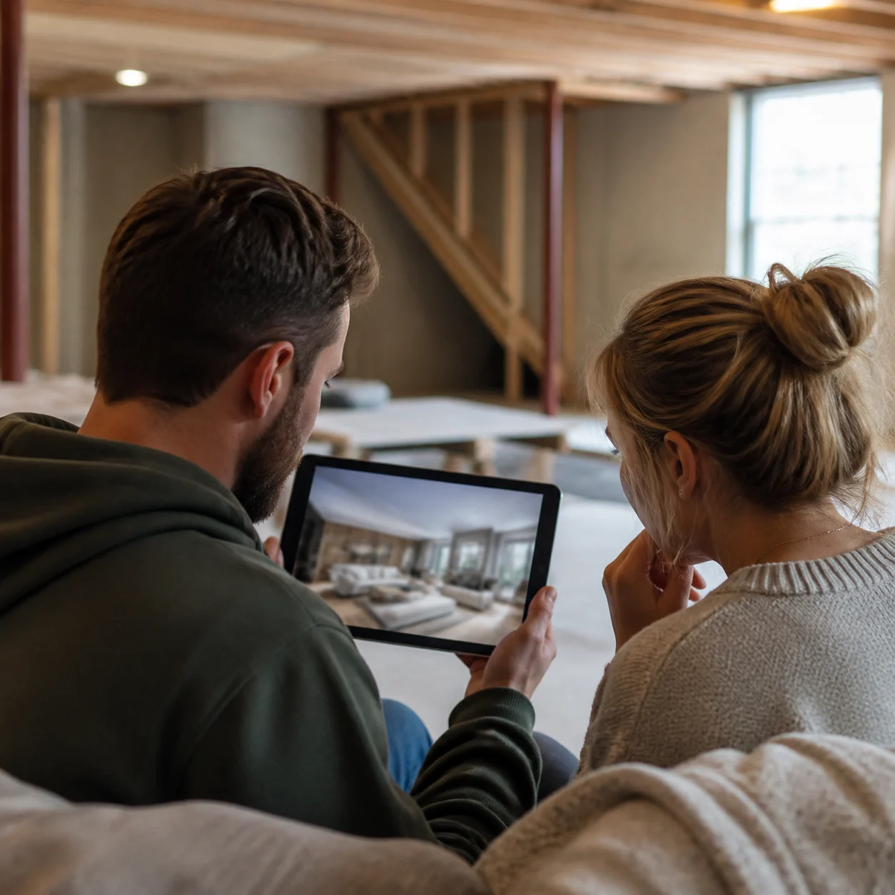 Homeowner comparing basement style results on a laptop before finishing
