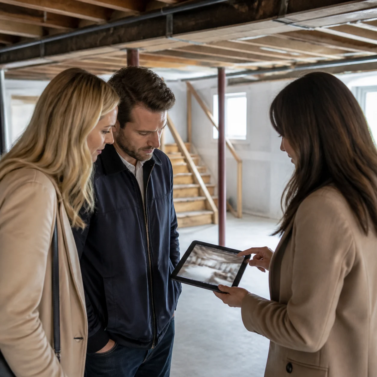 Real estate agent showing generated basement concepts to a client
