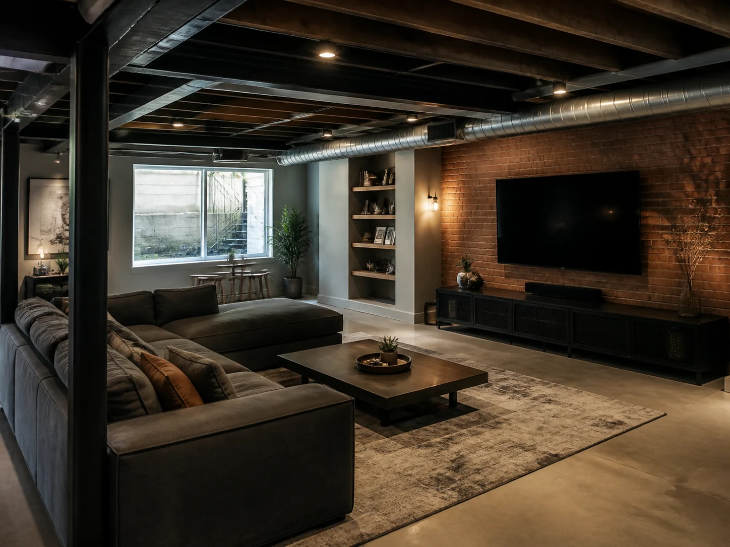 Industrial style basement family room with sectional and media wall
