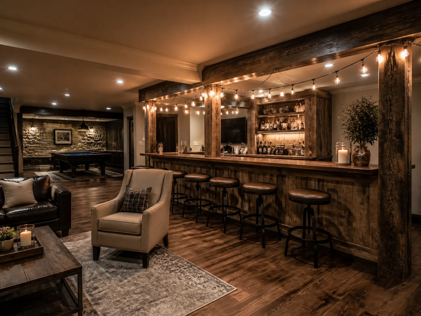 Cozy basement bar and entertainment space with wood accents