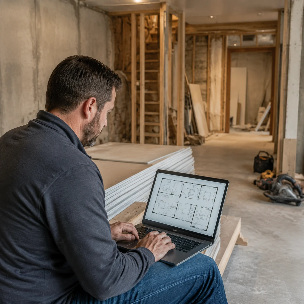 Renovierer prüft Keller-Layoutplan auf einem Laptop mit Materialproben