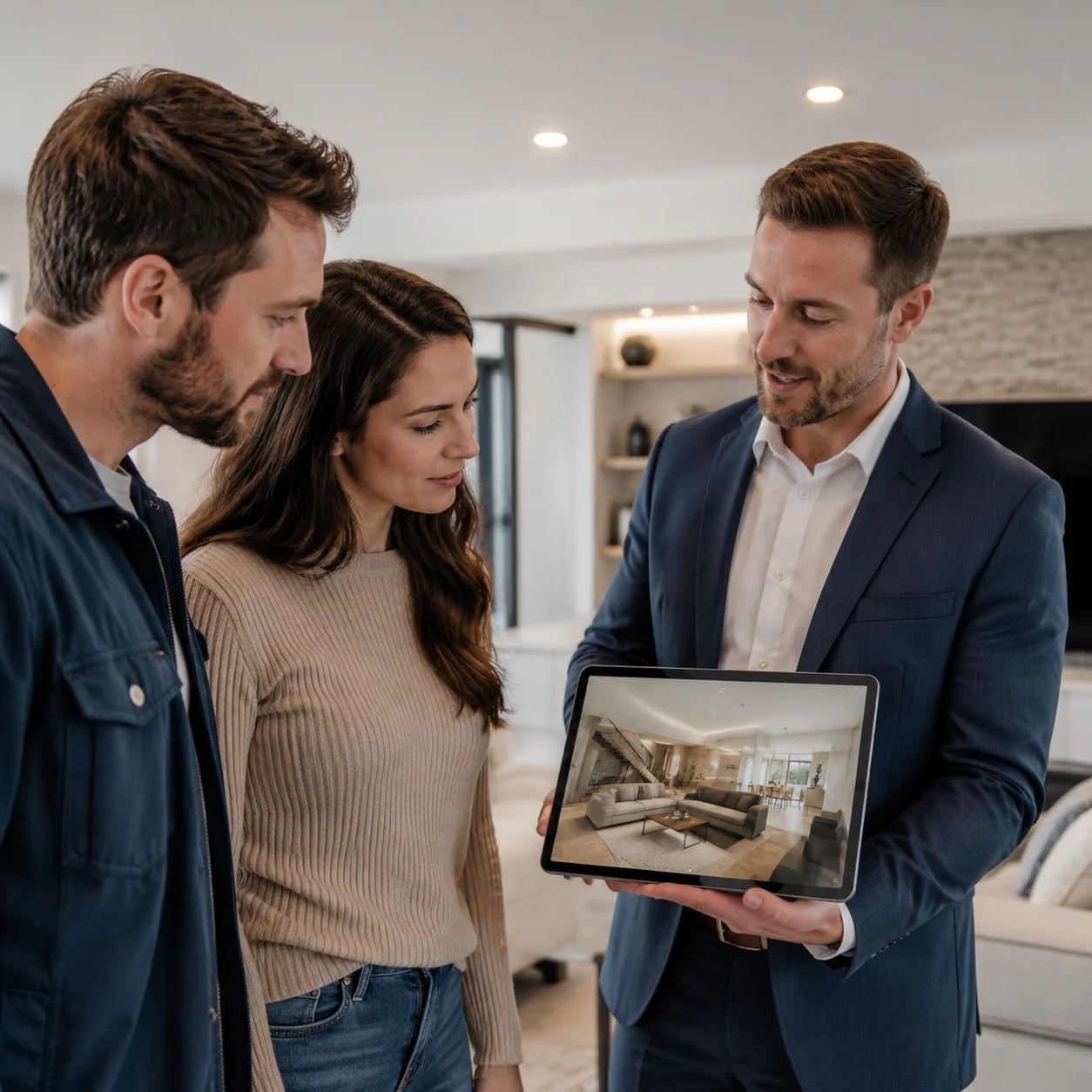 Immobilienmakler zeigt Käufern ein Design-Rendering eines ausgebauten Kellers