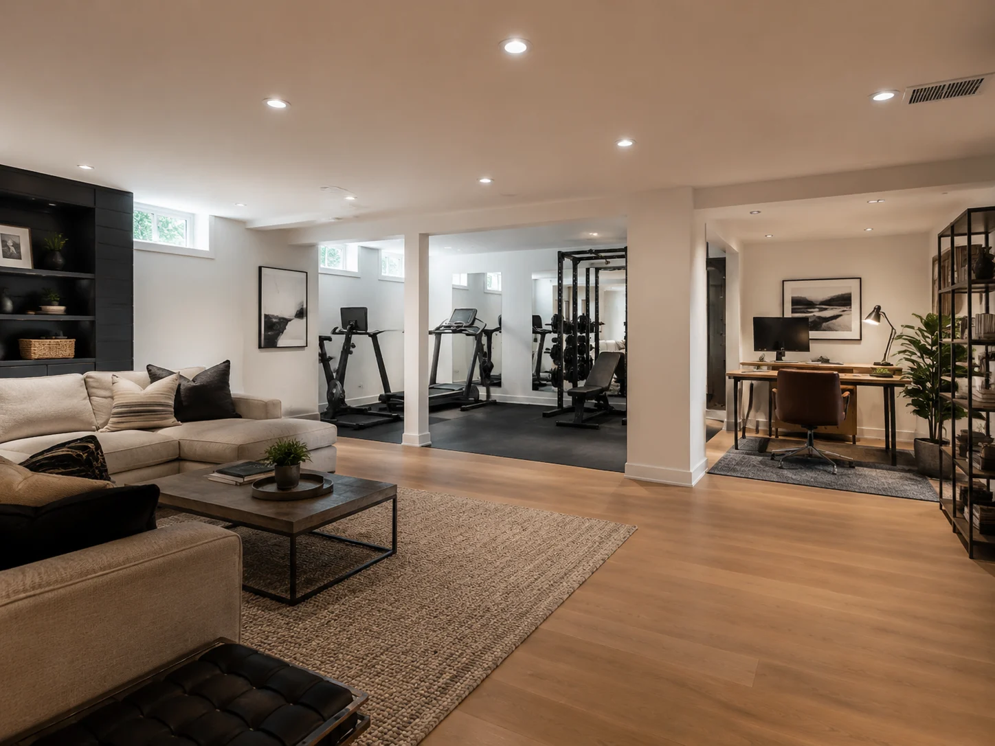 Keller mit klarem Multi-Zonen-Layout, das Lounge, Fitness und Büro trennt