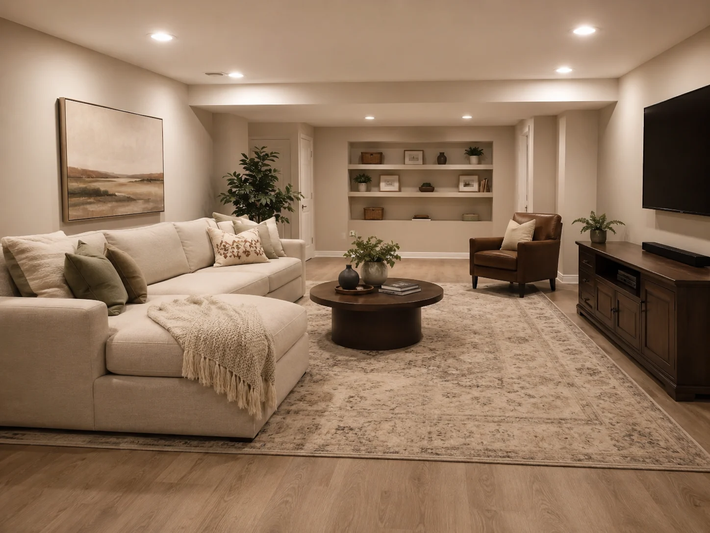 Ausgebautes Keller-Wohnzimmer mit Sofa, Teppich und hellen Einbaustrahlern