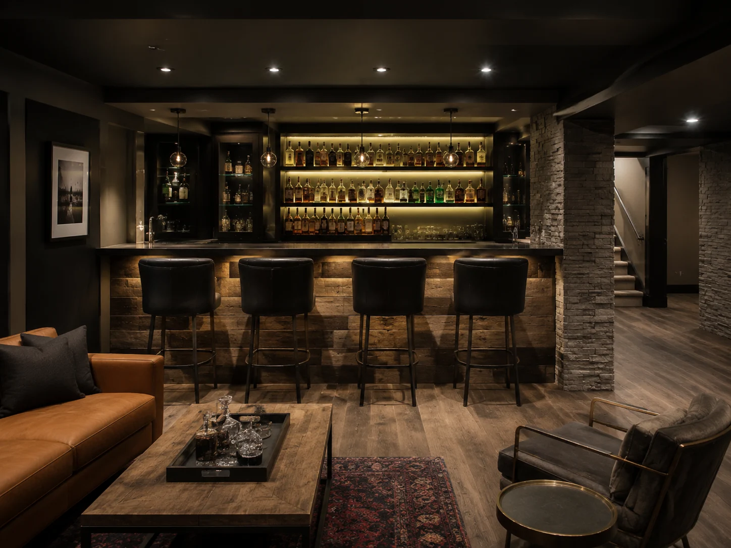 Kellerbar und Lounge mit beleuchteten Regalen und Barhockern