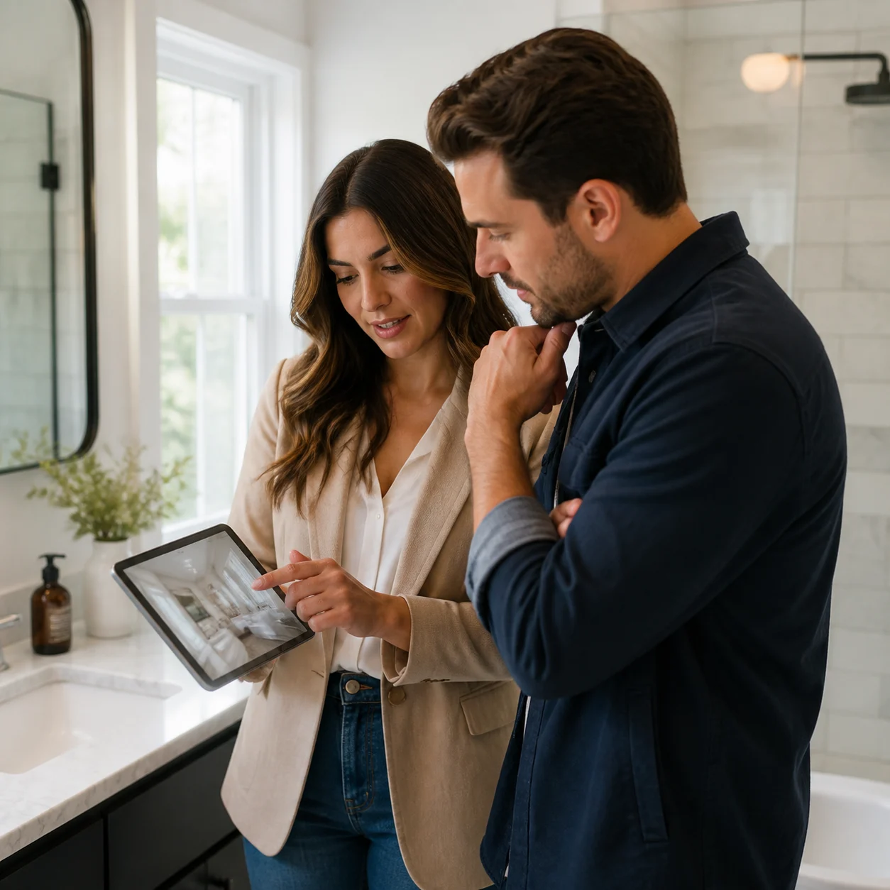 Real estate agent showing generated bathroom concepts to a client