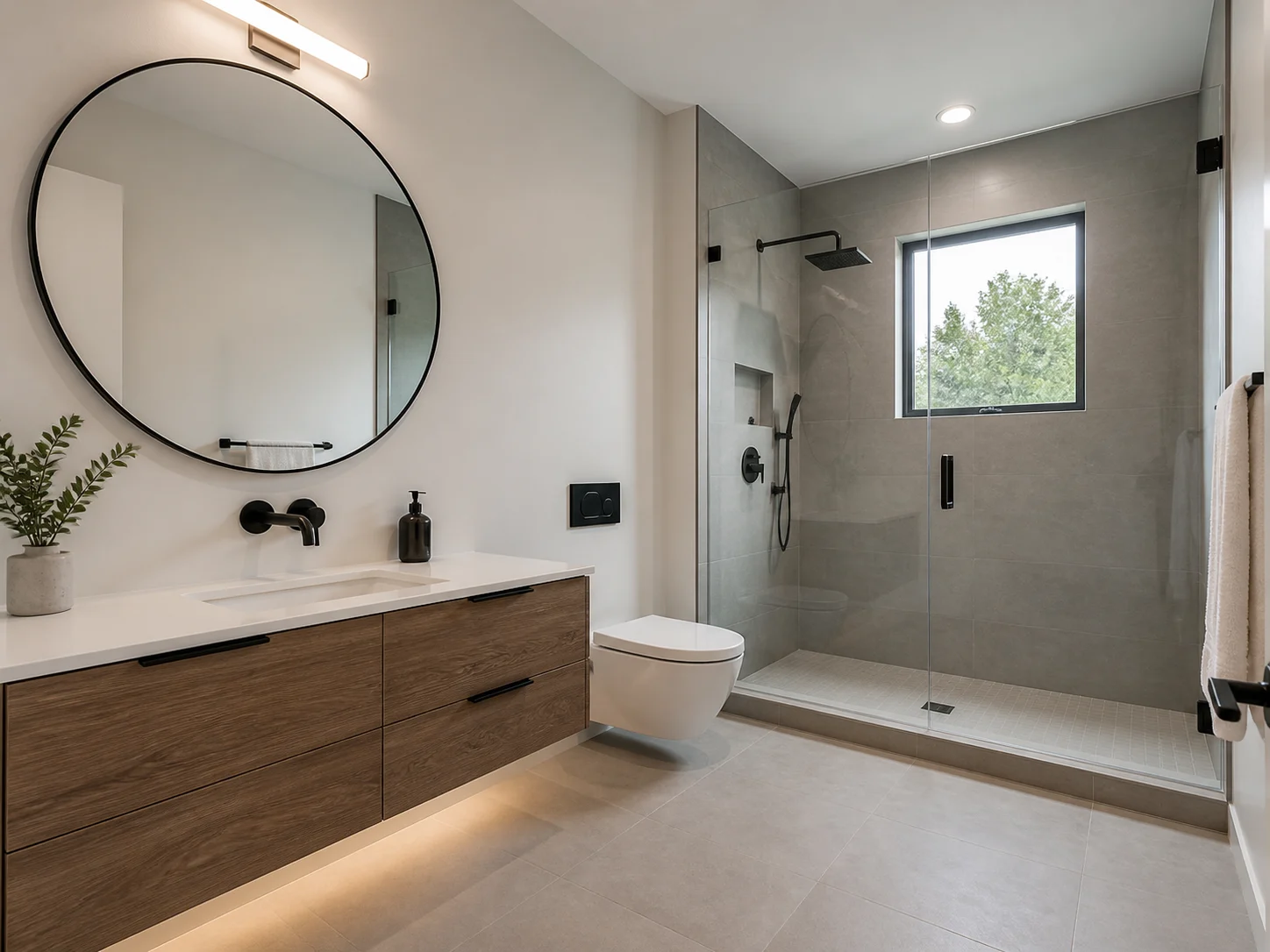 Modern bathroom with floating vanity and matte black fixtures