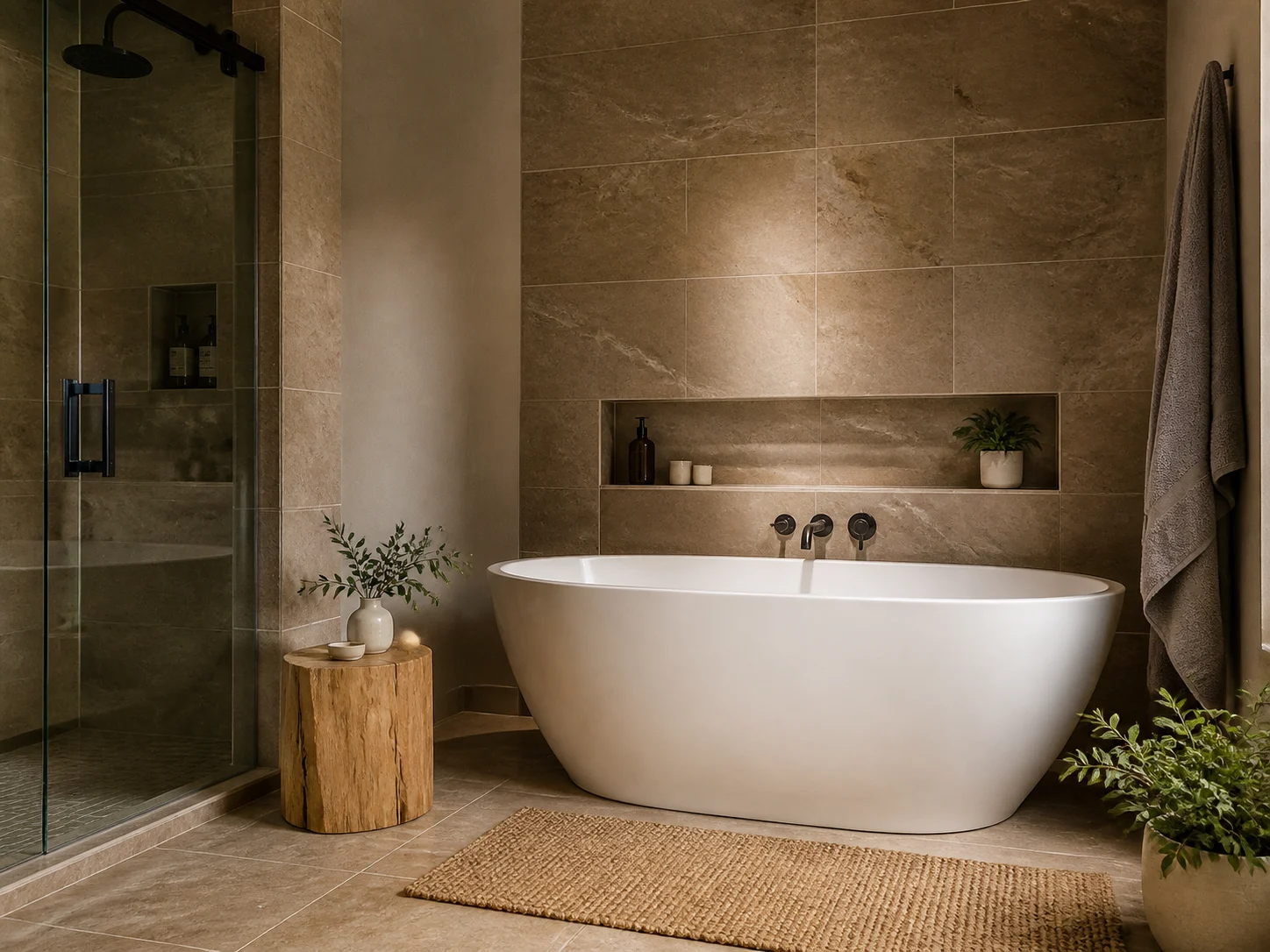 Spa-style bathroom with freestanding soaking tub and stone tile