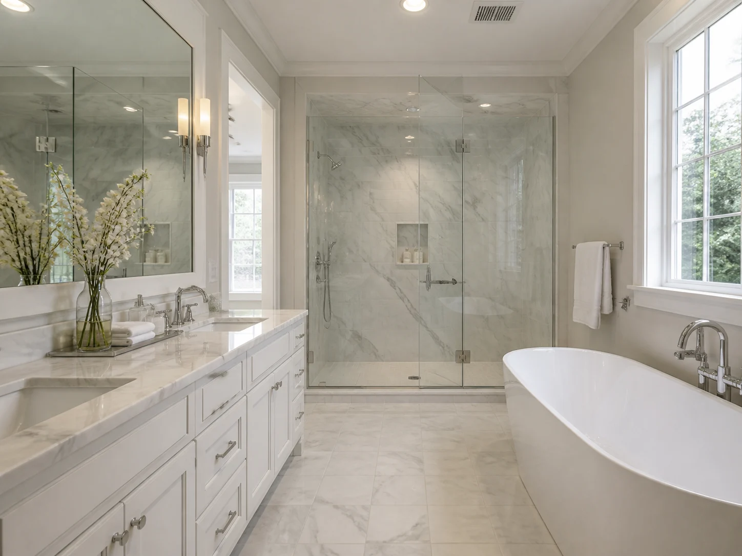 Marble luxury primary bathroom with veined countertops and glass shower
