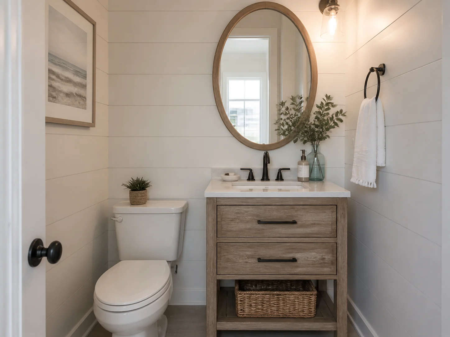 Coastal style small powder room with compact efficient layout