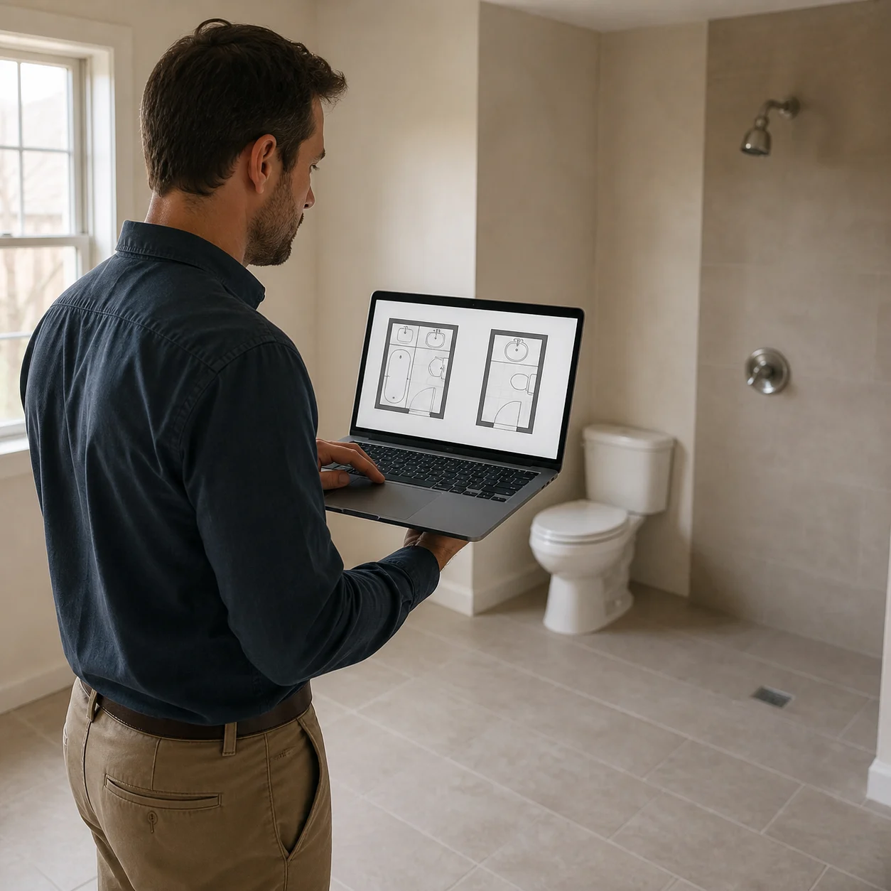 Proprietario che confronta affiancate la planimetria di un bagno completo e quella di un bagno di servizio