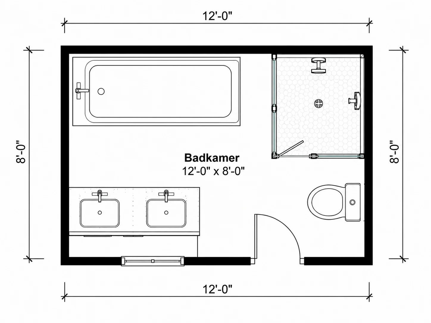 Symboolbibliotheek van badkamerplanner met bad, douche en wastafelmeubel