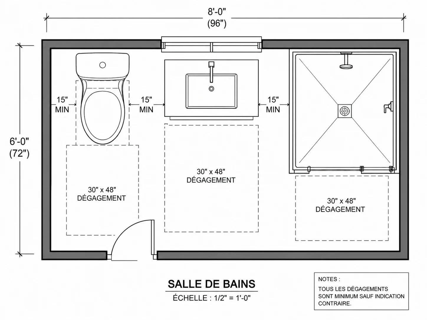 Plan de salle de bain montrant les espaces de circulation autour des équipements