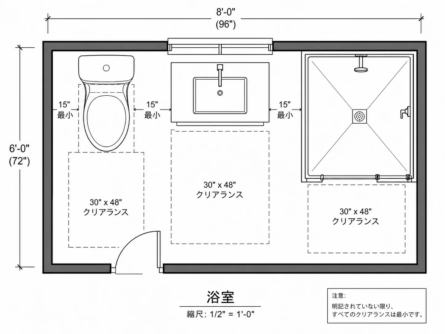 設備周りのクリアランスと動線スペースを示す浴室の間取り図