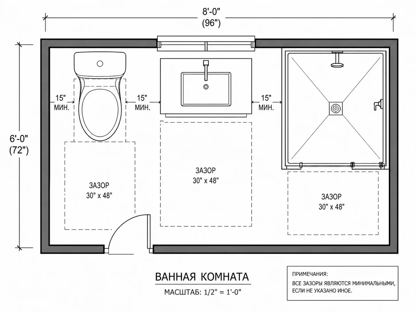 План ванной комнаты с отображением свободных проходов вокруг сантехники
