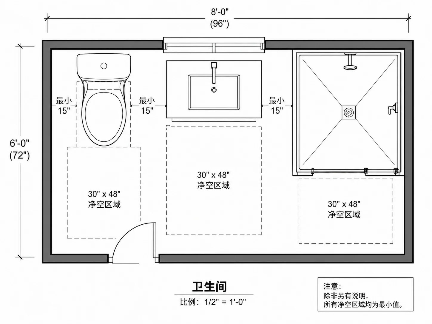 展示洁具周边动线净距的卫生间平面布局图