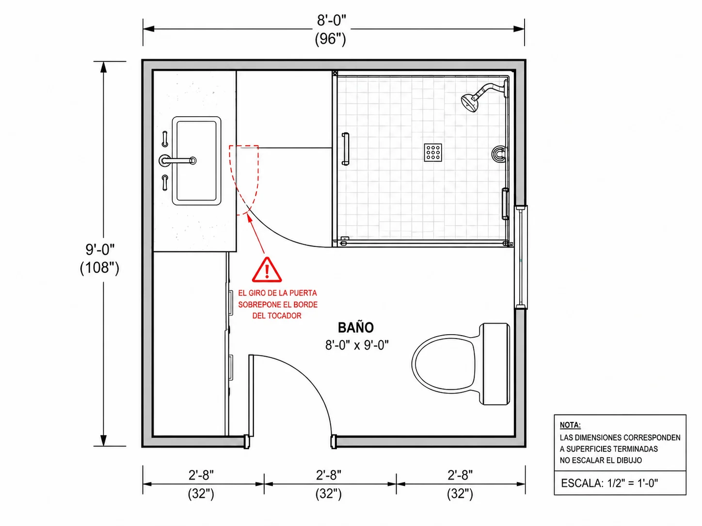 Diseñador de baños señalando un solapamiento entre sanitarios
