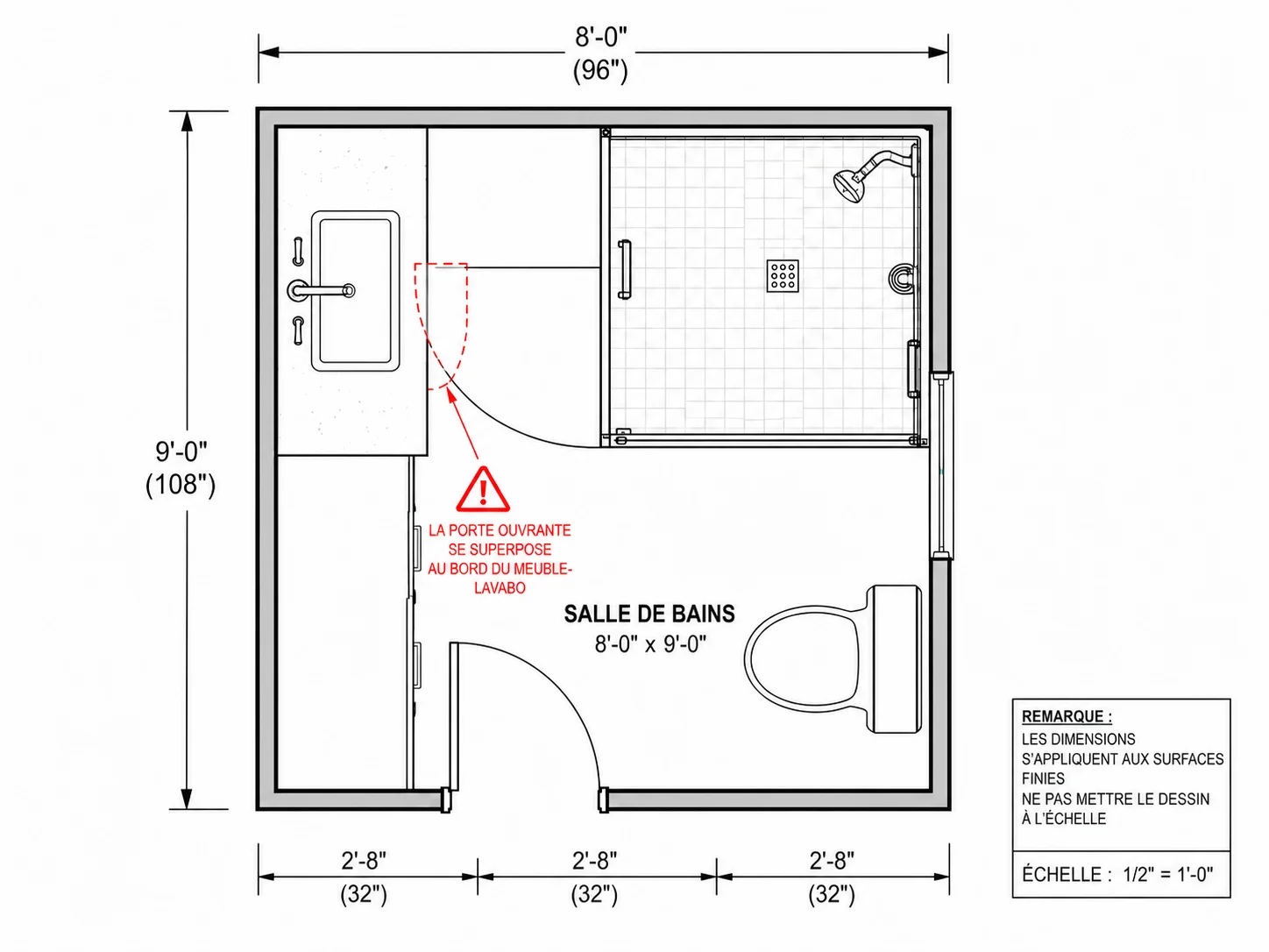 Outil de plan de salle de bain signalant un conflit d'implantation d'équipements