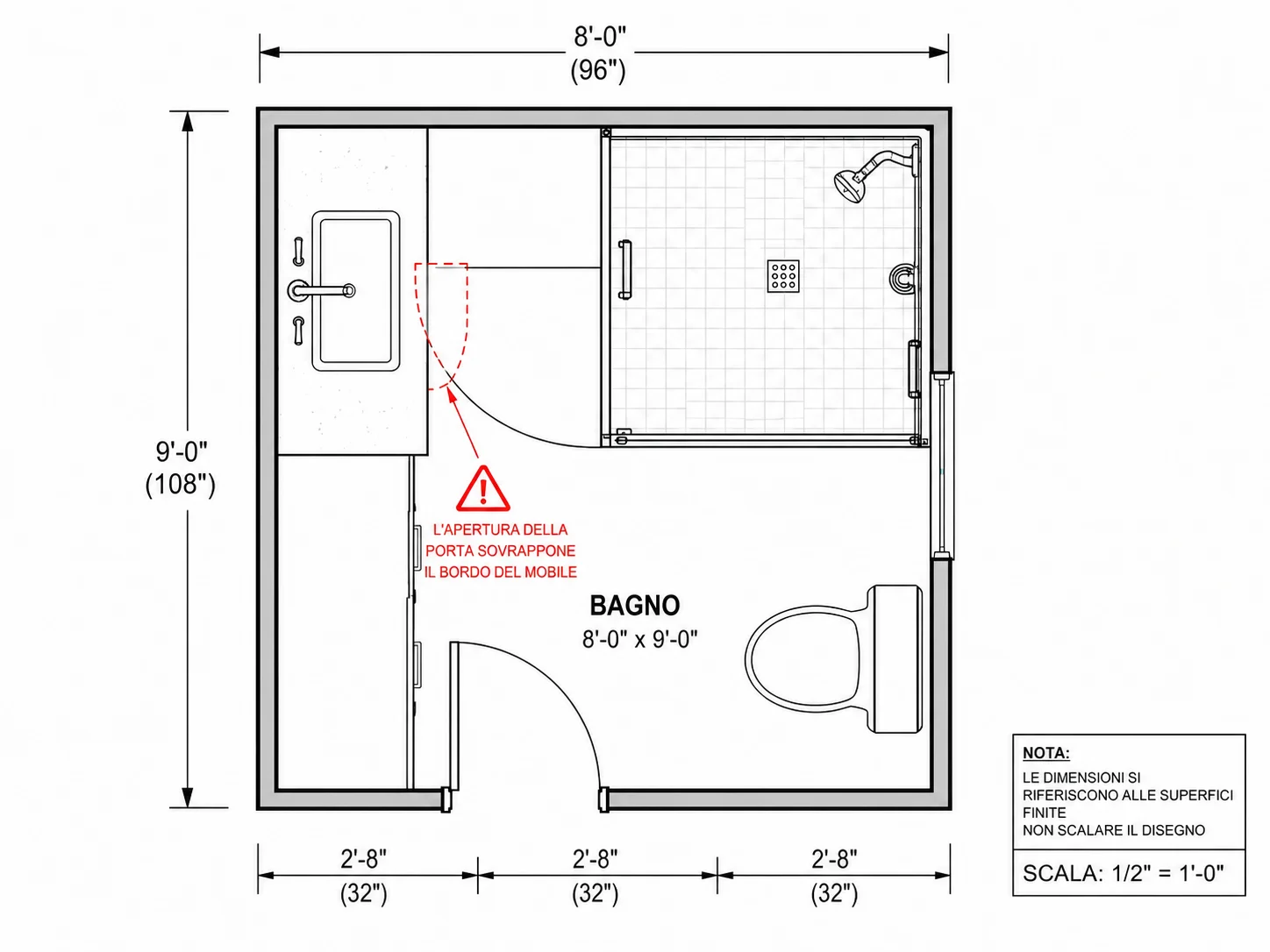 Strumento di progettazione bagno che segnala una sovrapposizione tra elementi