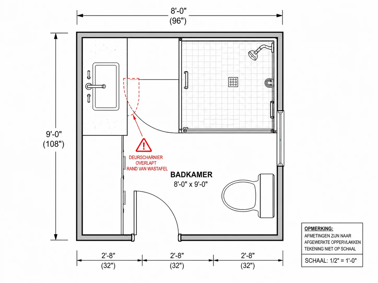 Badkamerplanner die overlappend sanitair in de plattegrond aangeeft