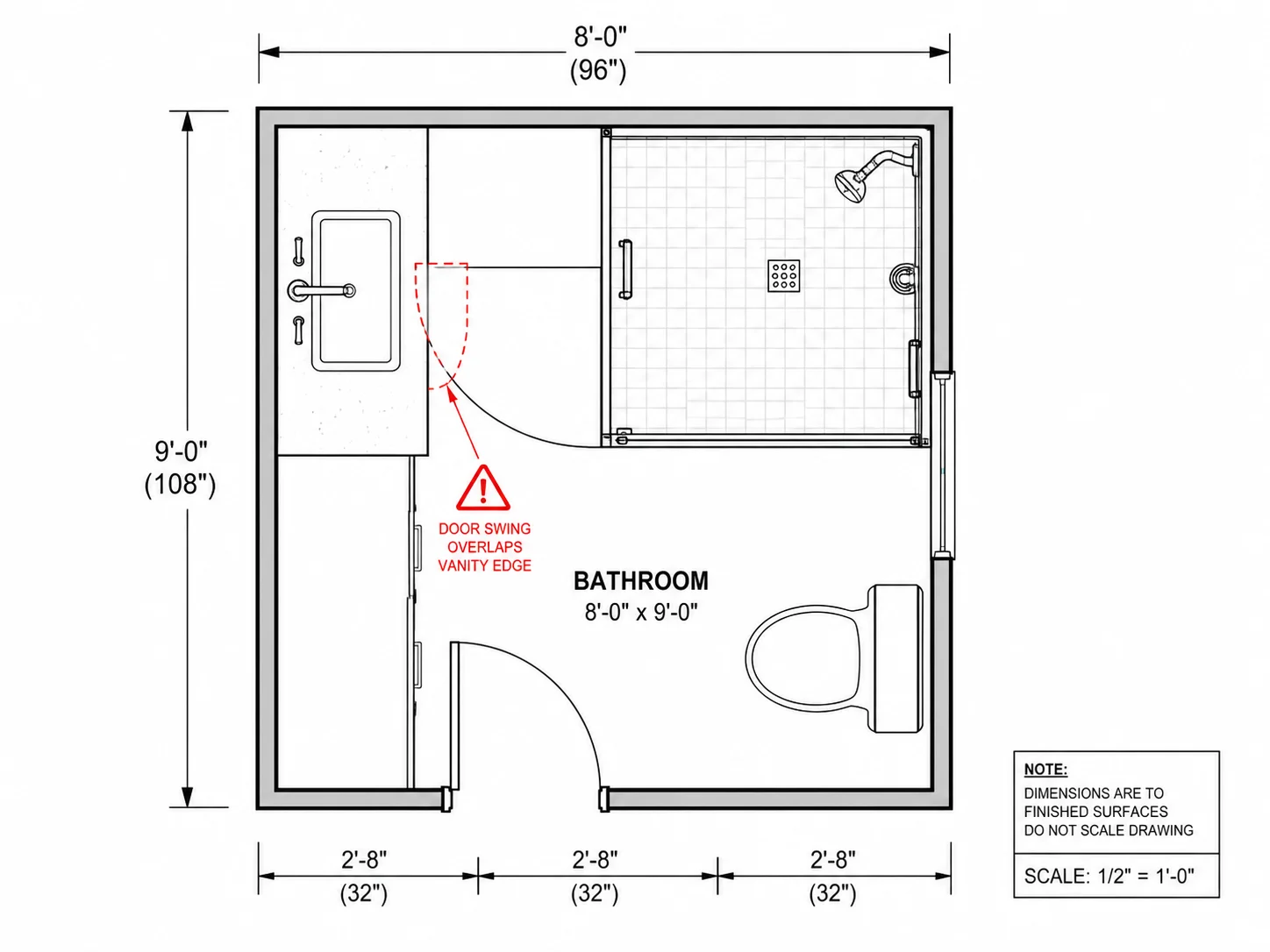 Bathroom designer flagging an overlapping fixture layout