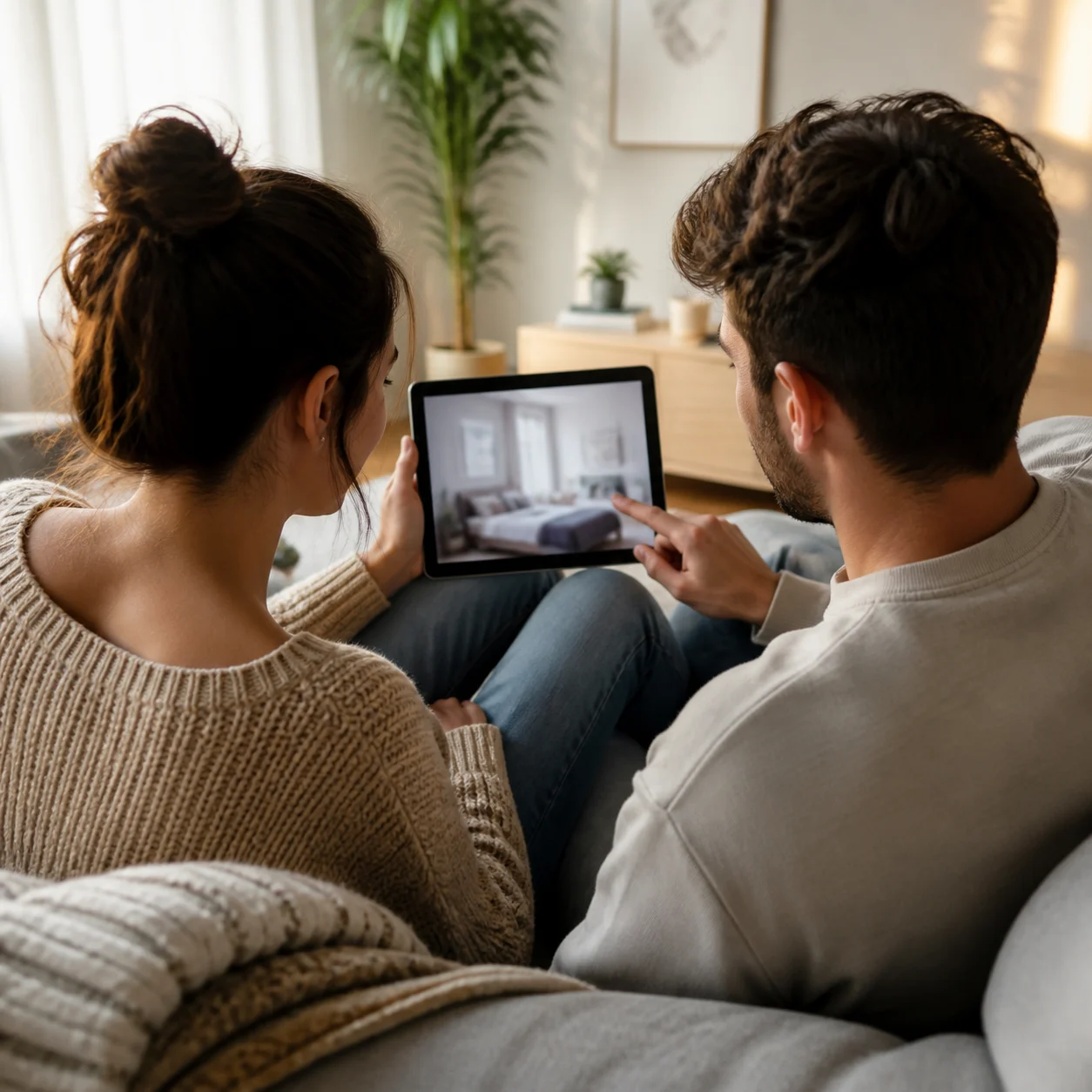 Renter looking at a generated room design on a phone before moving in