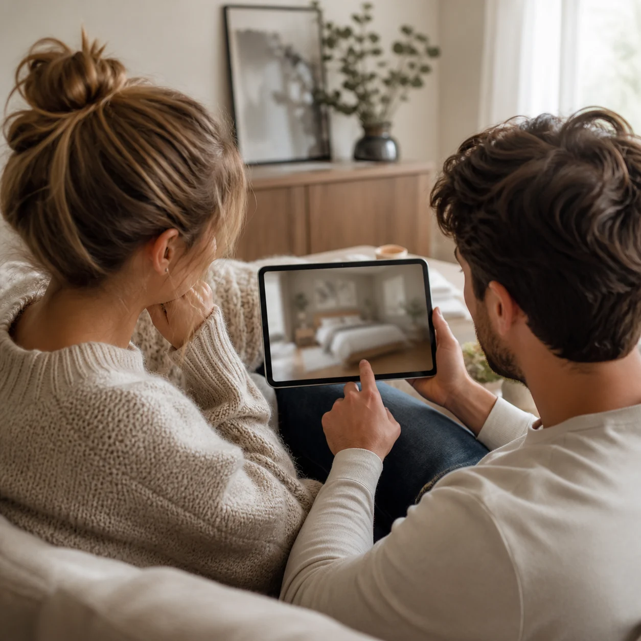 Homeowner comparing style results on a laptop before a renovation