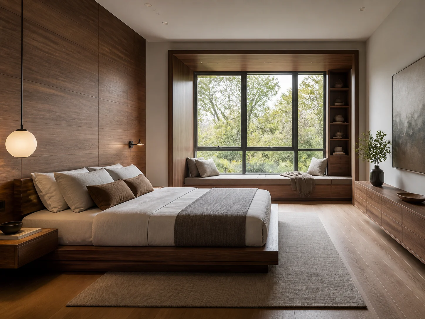 Modern platform bed room with walnut tones and a window reading nook