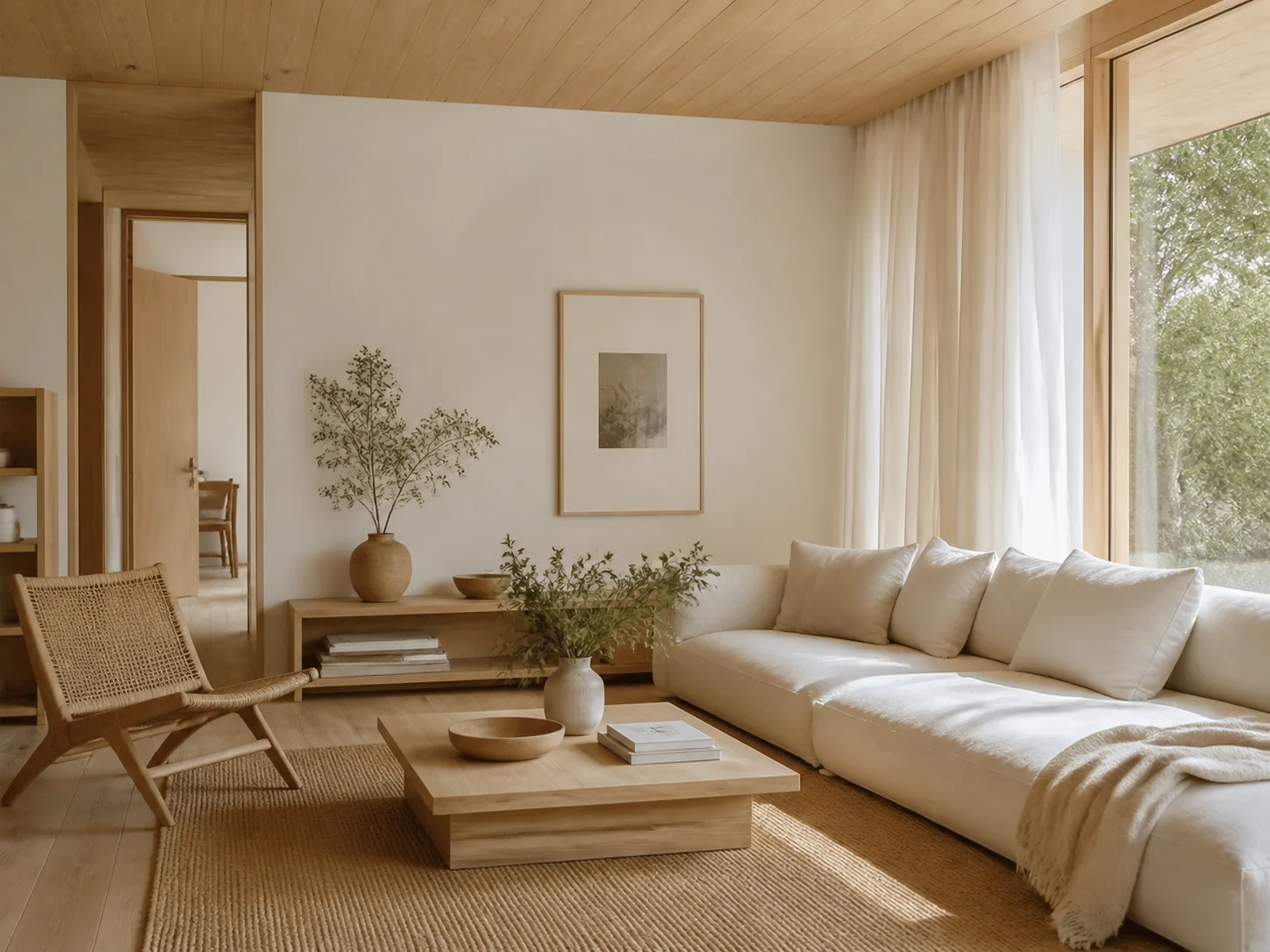 Scandinavian style room with light oak flooring and white linen bedding