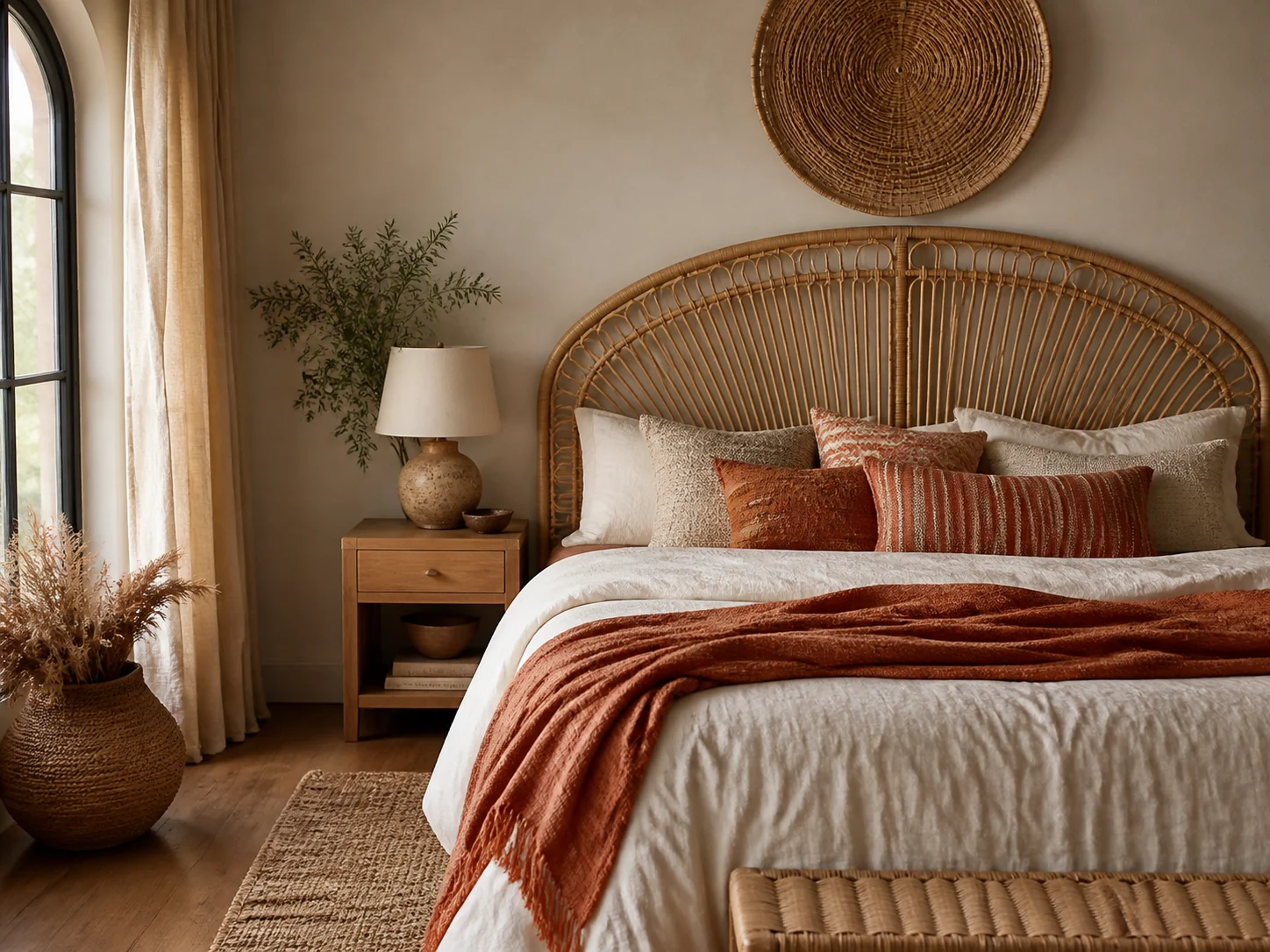 Bohemian style room with rattan headboard and layered warm-toned textiles
