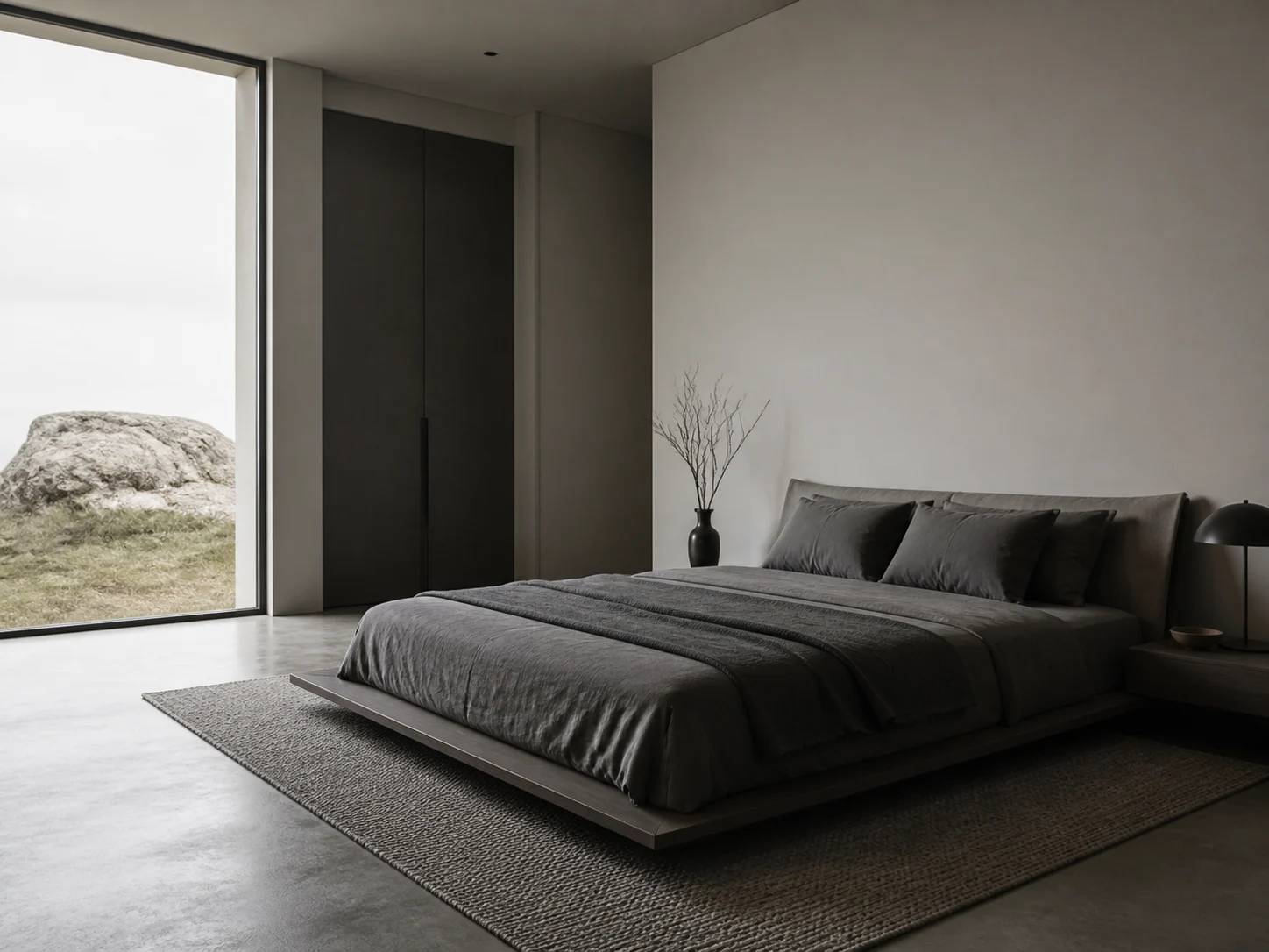Minimalist monochrome room with low platform bed and uncluttered surfaces