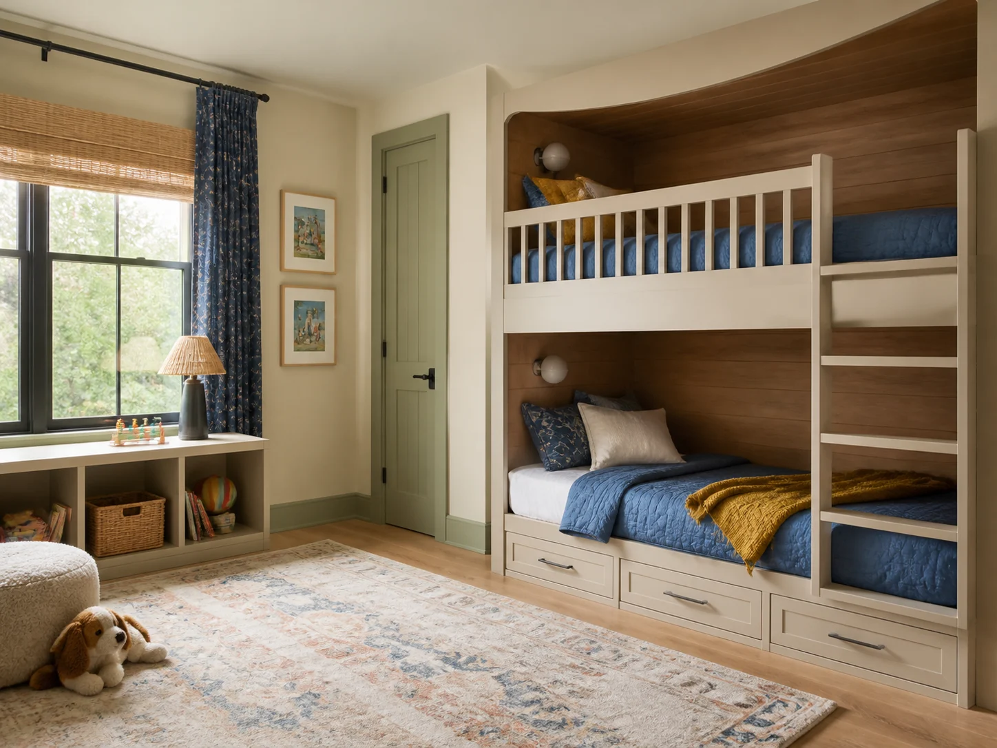Playful kids room with bunk bed and colorful themed decor