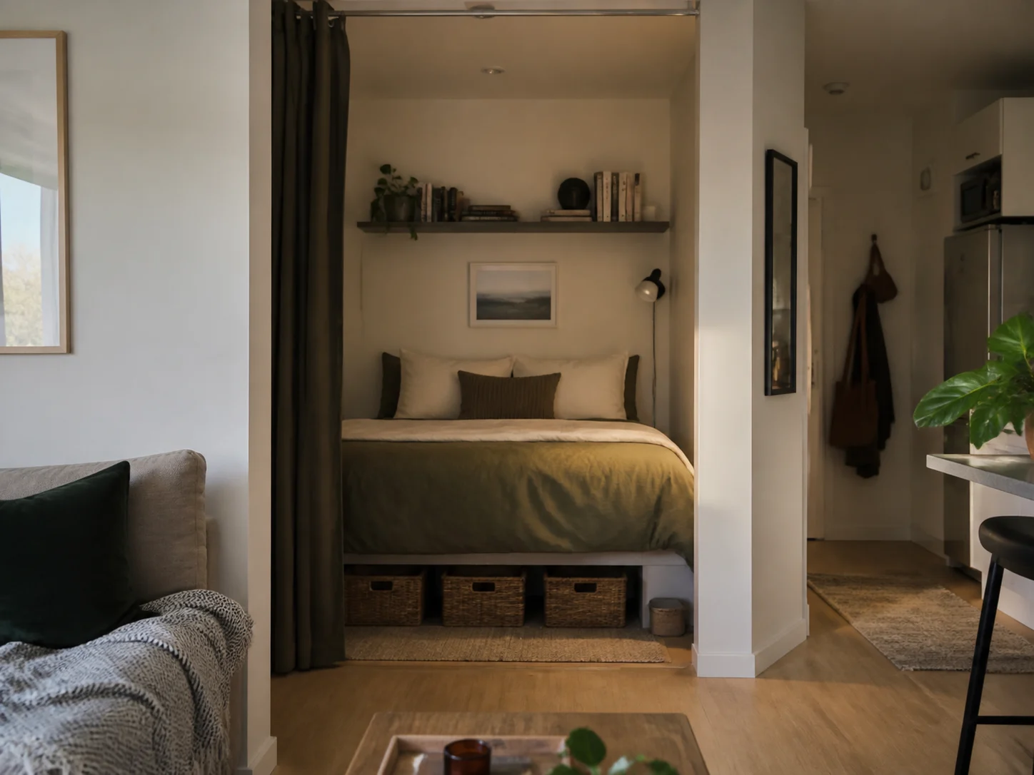 Small studio sleeping nook with space-saving furniture layout