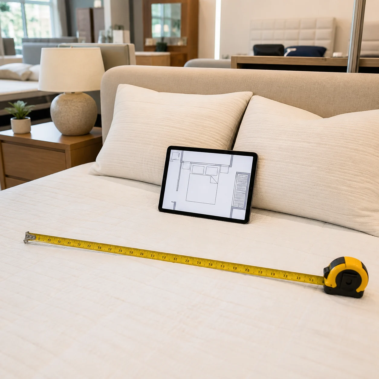 Queen bed layout tested for clearance before buying