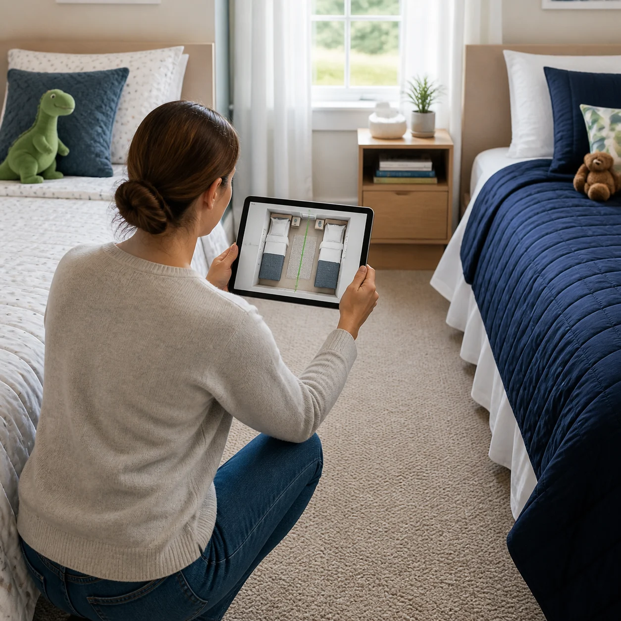 Two beds arranged with a clear path between them in a shared room