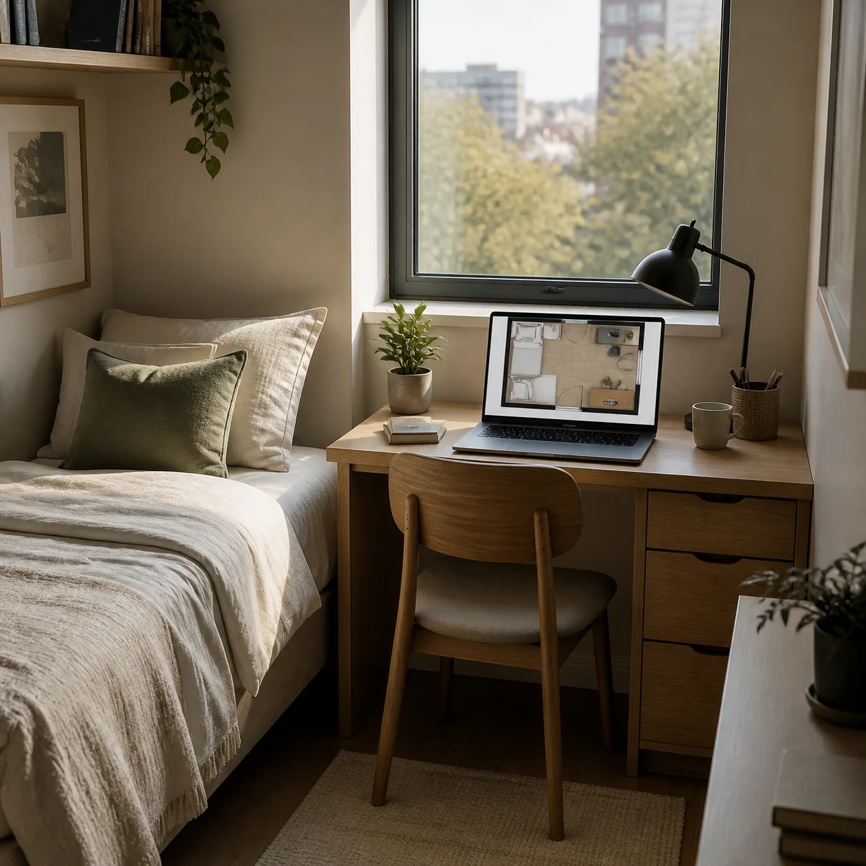Bed, desk and dresser tested together in a small bedroom layout
